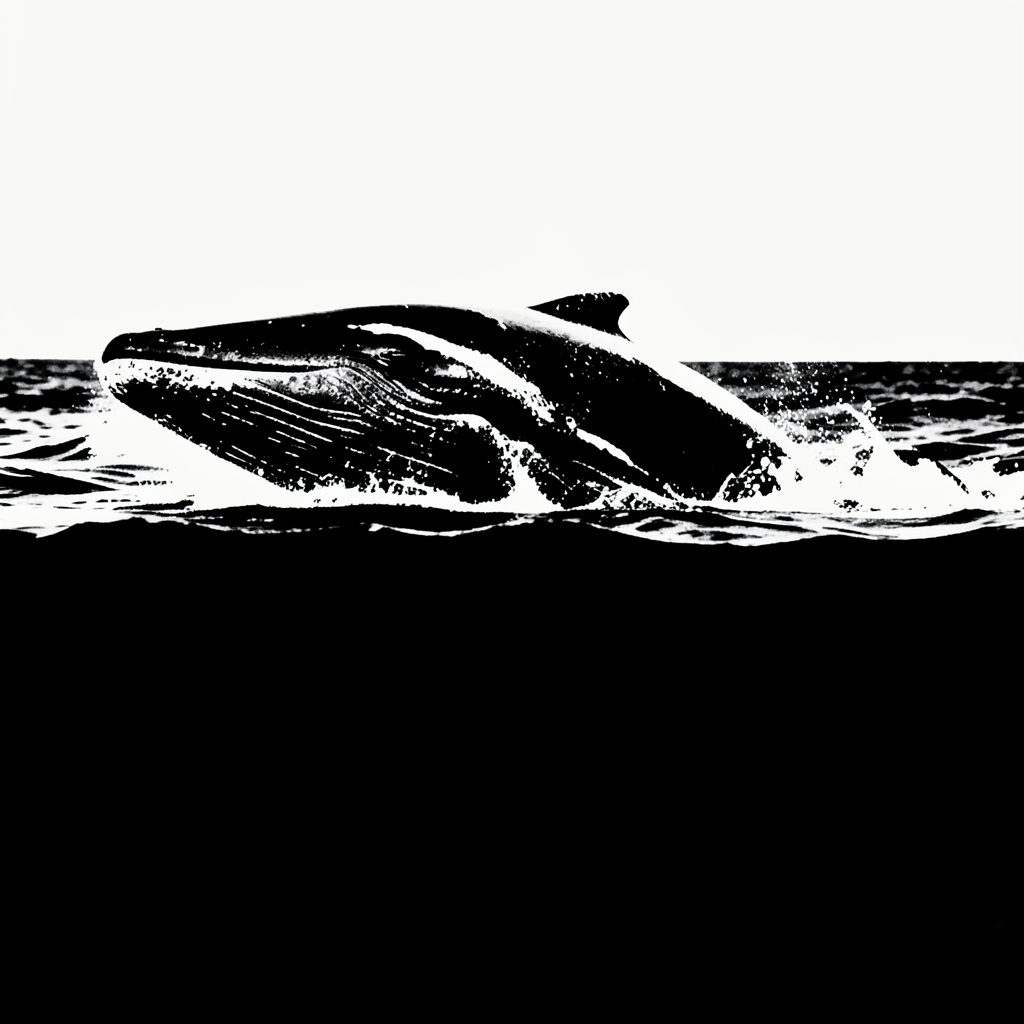 A duotone photograph in warm brown and pale rose, suggesting a pair of whales in shallow breeding waters.