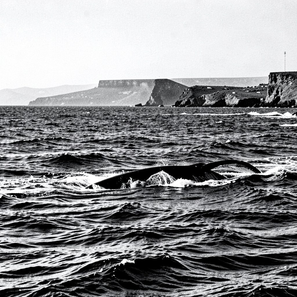 A duotone thumbnail in slate blue and cream, hinting at a whale surfacing against distant cliffs.
