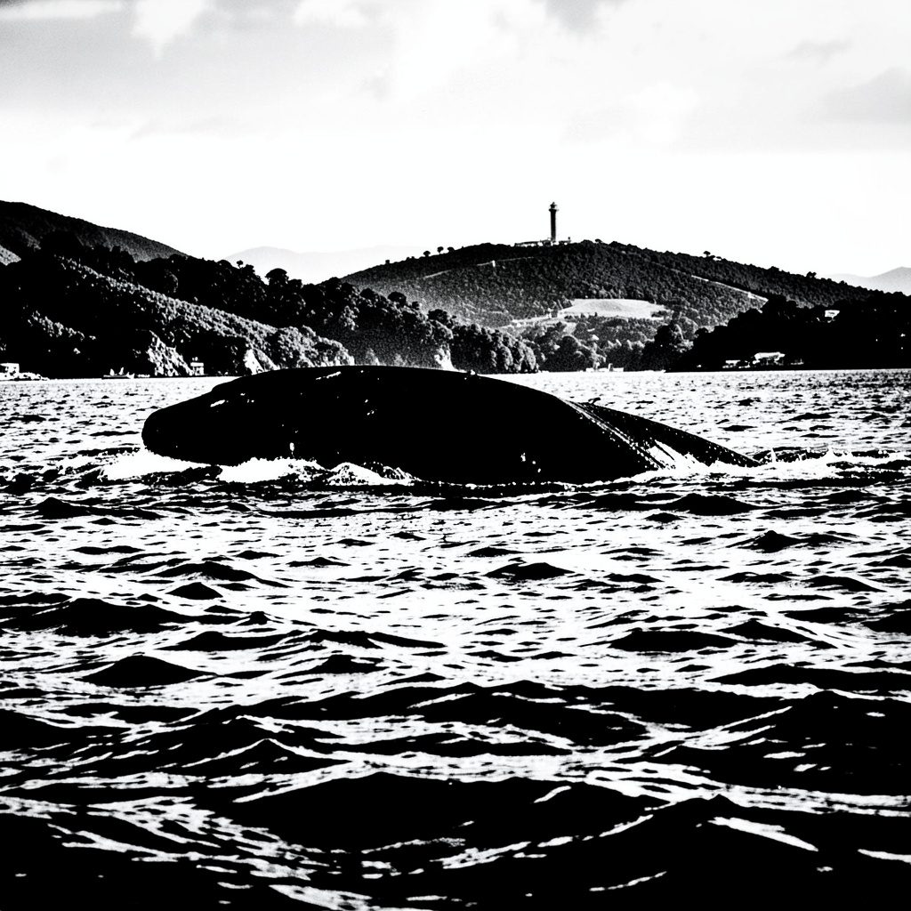 A duotone photograph in muted teal and warm cream showing a humpback whale surfacing along a tropical coastline.