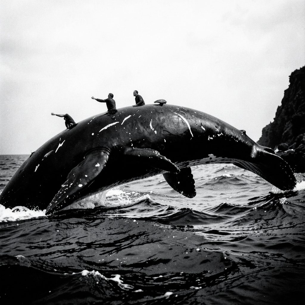 A duotone photograph in deep ink and soft cream, illustrating the feeding behavior of large cetaceans at the ocean surface.