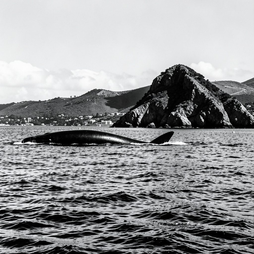 A high-contrast duotone photograph rendered in deep charcoal and warm cream tones, showing the curve of a southern right whale breaching the surface of a calm coastal sea at sunrise.