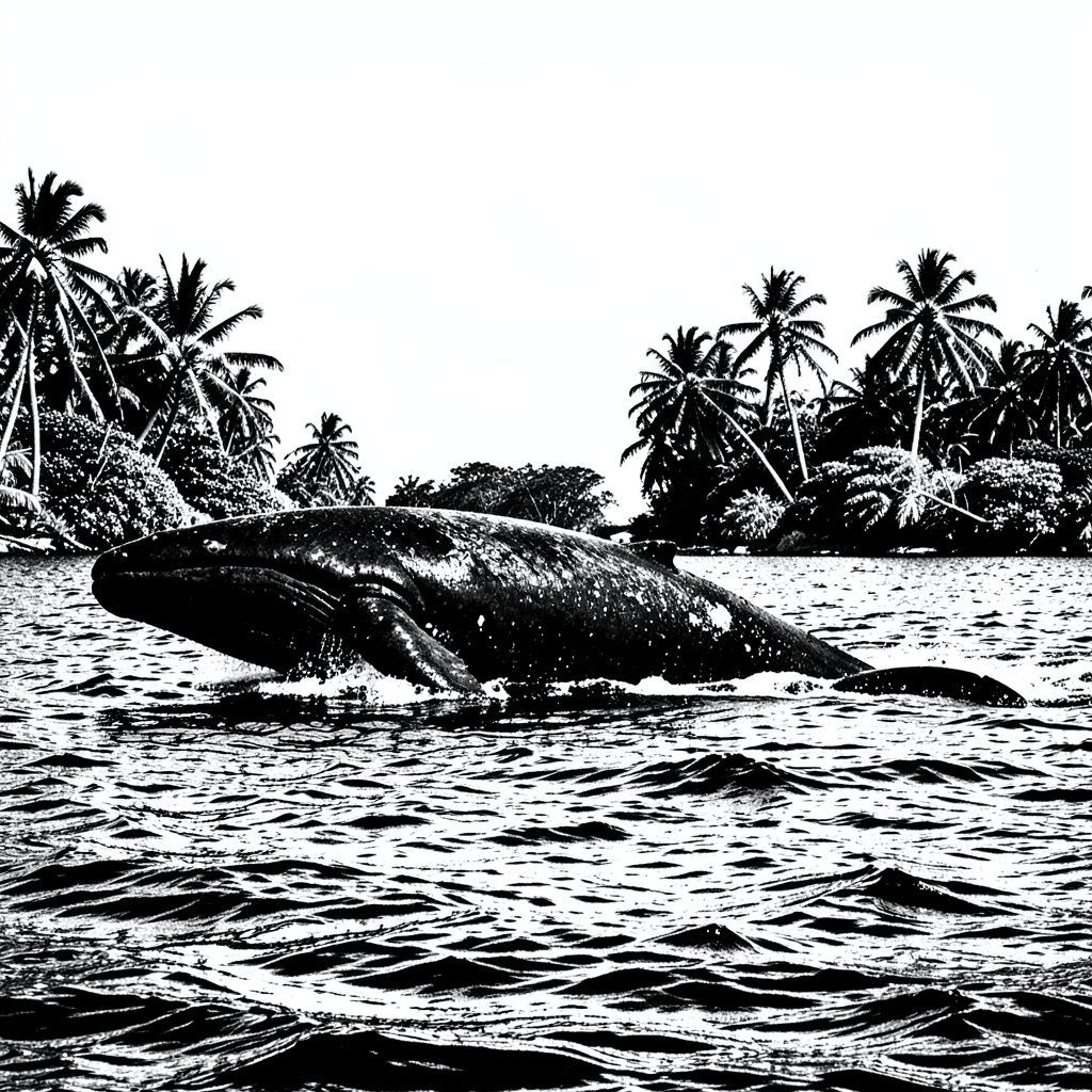 A duotone photograph in dusty rose and charcoal depicting a humpback whale's back as it glides through calm Atlantic water.