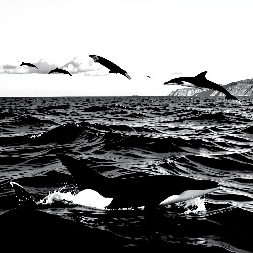 A duotone photograph in muted brown and cream tones showing a calm ocean bay with a whale's silhouette breaking the surface near a rocky shoreline