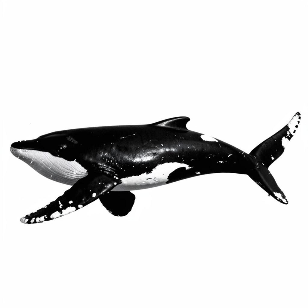 A duotone photograph rendered in deep ink and pale cream, showing the dark, ridged back of a great whale breaking the surface of the open sea against a hazy, washed-out sky.